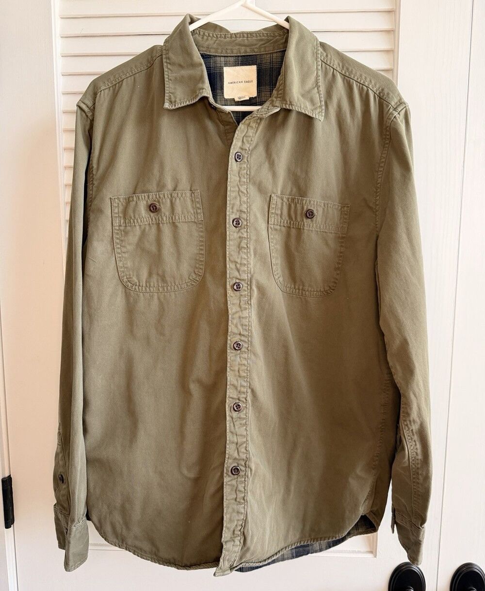 American Eagle Shirt Plaid Lining Pockets Shacket Military Green Men's Large